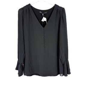 NWT White House Black Market Long Sleeve V-Neck Button Front Blouse Black Medium